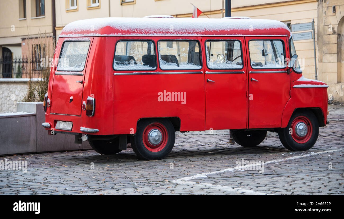 A red ZSD Nysa 522 parked in the streets of Krakow in Poland. The van was produced in the town of Nysa, Poland, from 1958 until 1994 Stock Photo