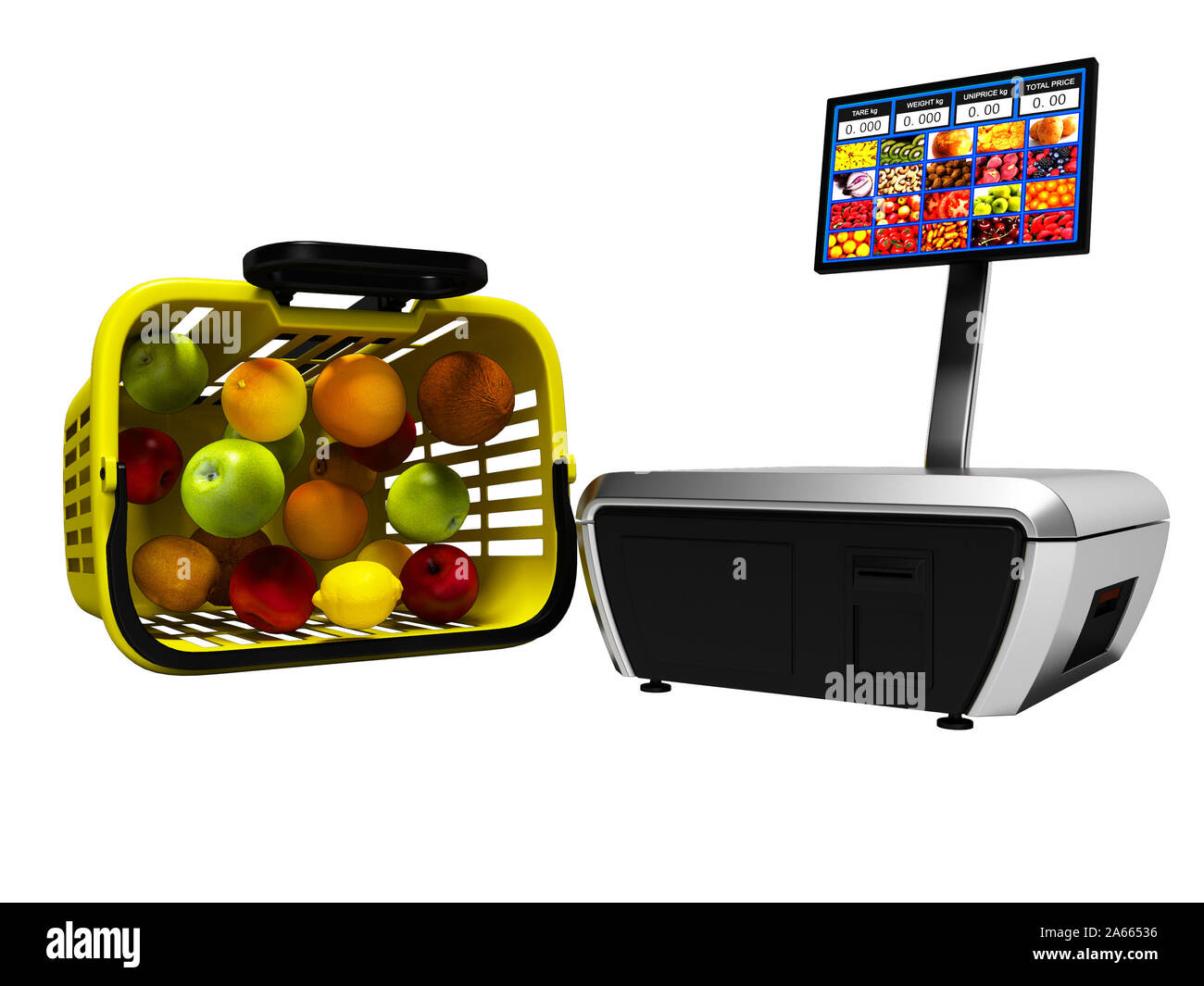 Cash register for weighing fruits in supermarket with basket 3d render