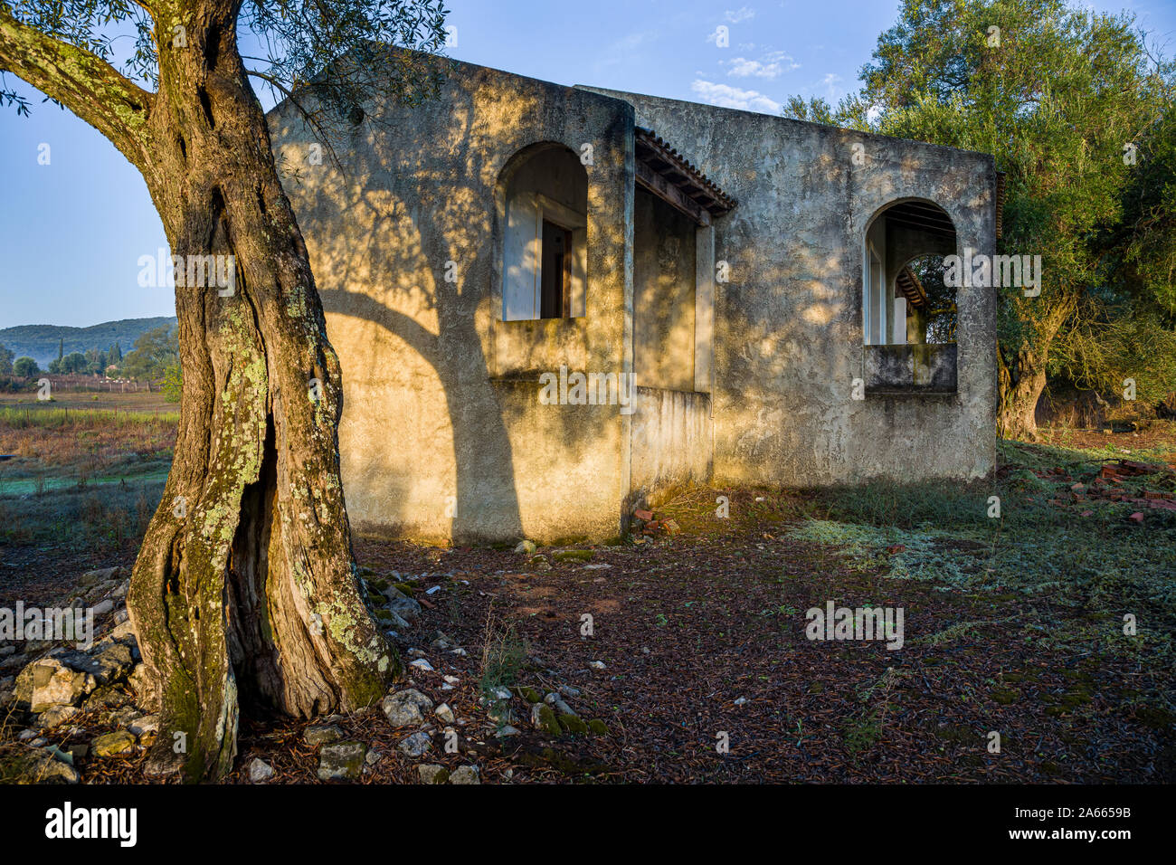 Early morning at an abandoned house on Corfu island in the Ionian Sea, Greece Stock Photo