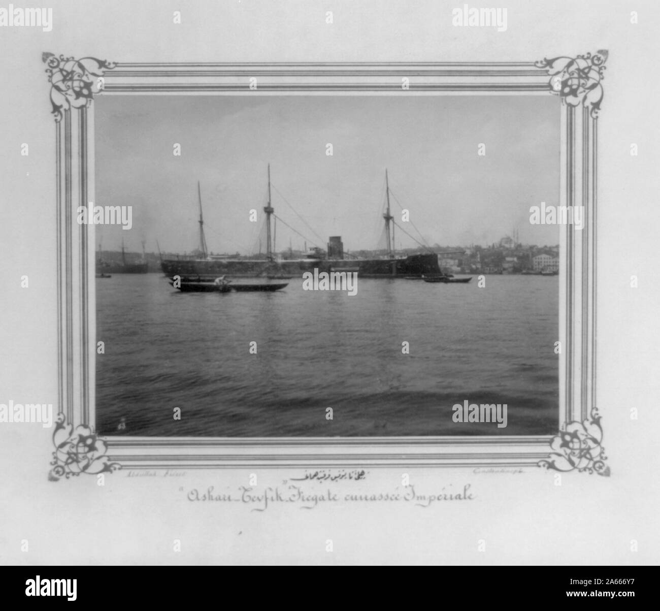 The Ottoman Ironclad Asar-i Tewfik. It was launched in 1868 and served until it was lost in 1913.[In the records of the Library of Congress the image is captioned in Ottoman Turkish and French The Imperial Ironclad Frigate Asar-i Şevket, and is stated to have been taken in Constantinople.]; Stock Photo