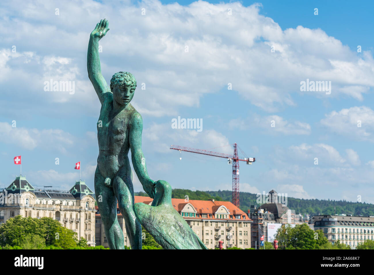 Ganymed Statue of a man and an eagle in Zurich Switzerland - Lake Zurich Stock Photo