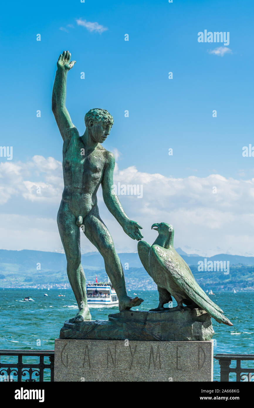 Ganymed Statue of a man and an eagle in Zurich Switzerland - Lake Zurich Stock Photo