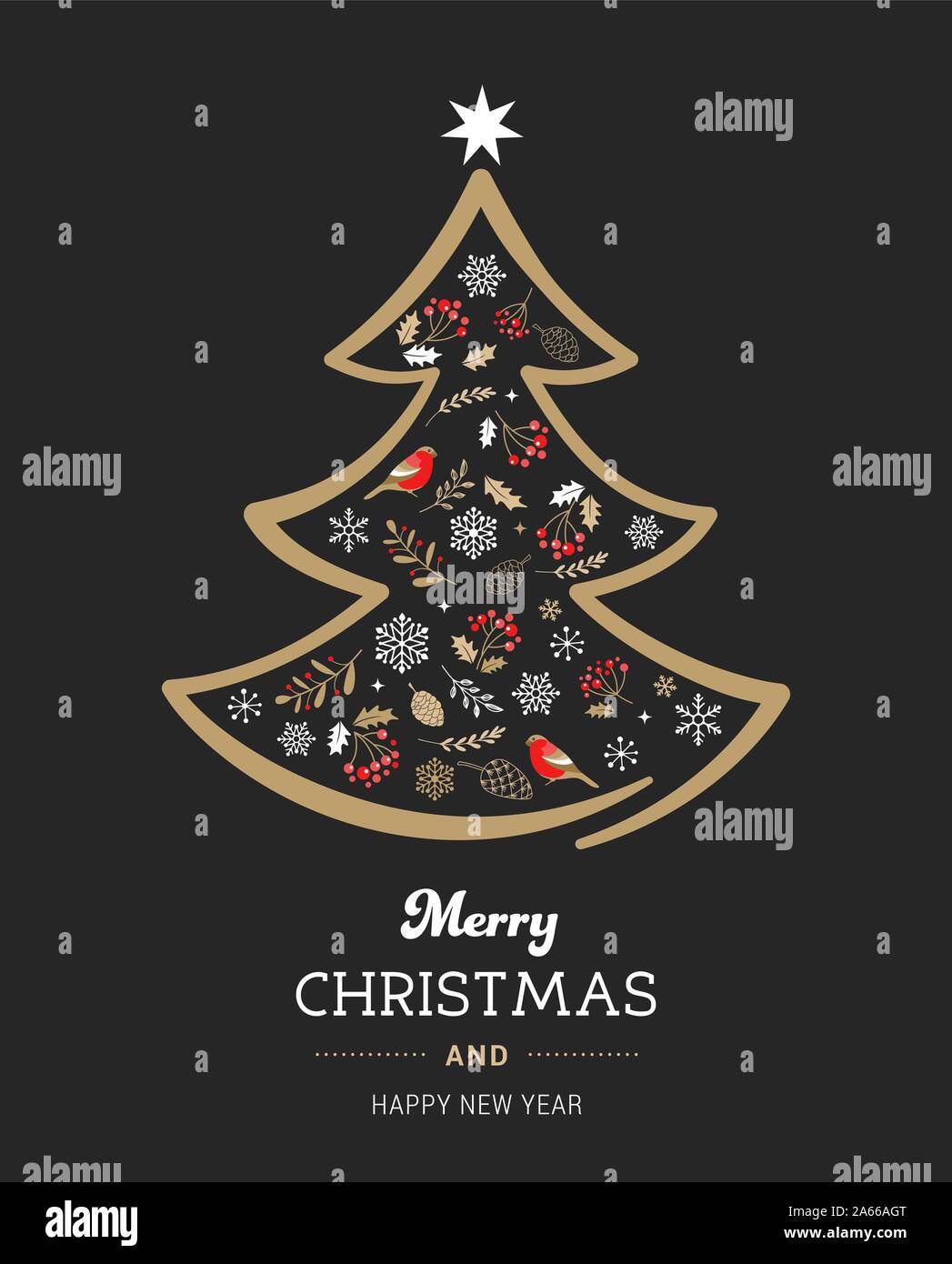 Elegant gold and black Christmas tree with Xmas elements. Vector ...