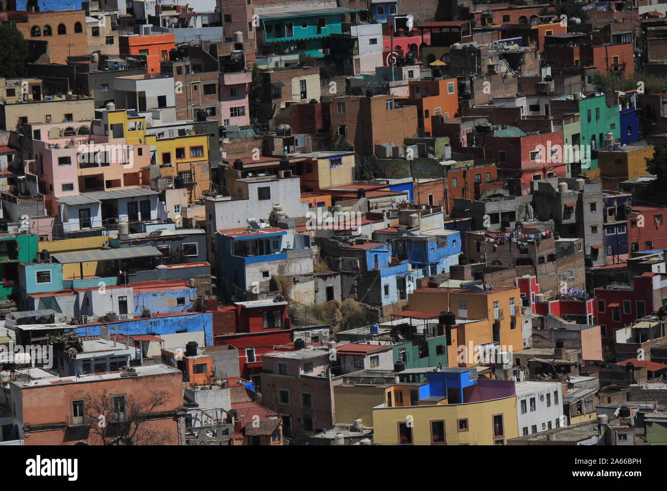 view of colorful houses on hill in Guanajuato, Mexico, located in Central Mexico Stock Photo