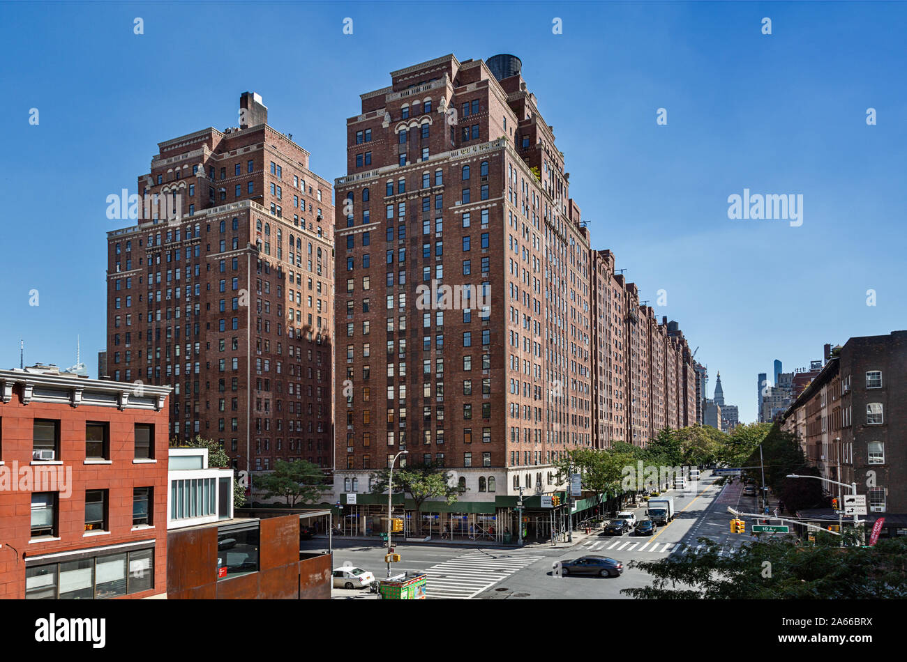 Huge apartment blocks at the corner of 10th Avenue and West 23rd Street seen from the High Line. Stock Photo