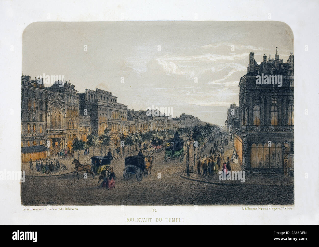 Boulevard du Temple, Paris. Lithographie aquarellee, illustration de E.de la Tramblaiz, in 'Album, souvenirs de Paris', Daziaro editeur, Paris, 1885. Stock Photo