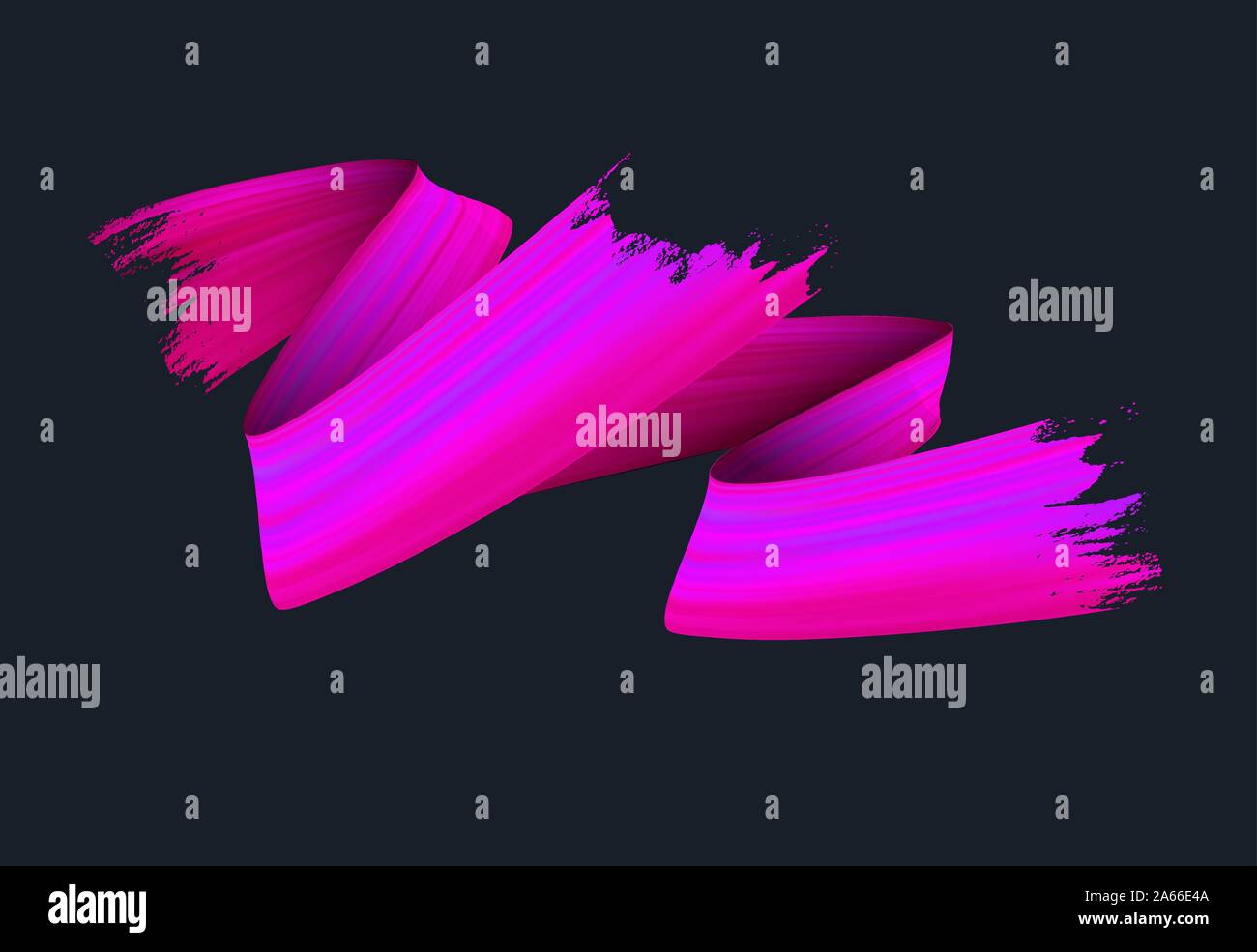 Freehand paint brush stroke realistic illustration. Flamboyant acrylic paint zig zag smears isolated on black background. Grunge style texture with metallic glow and pink color gradient effect Stock Vector