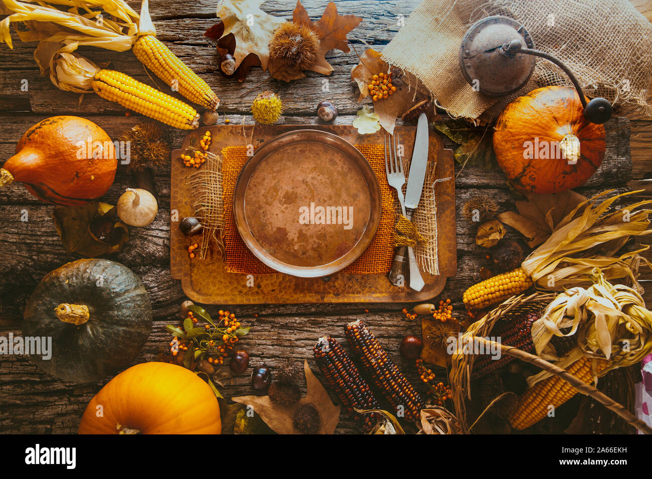 Thanksgiving dinner. Autumn fruit with plate and cutlery. Thanksgiving autumn background Stock Photo