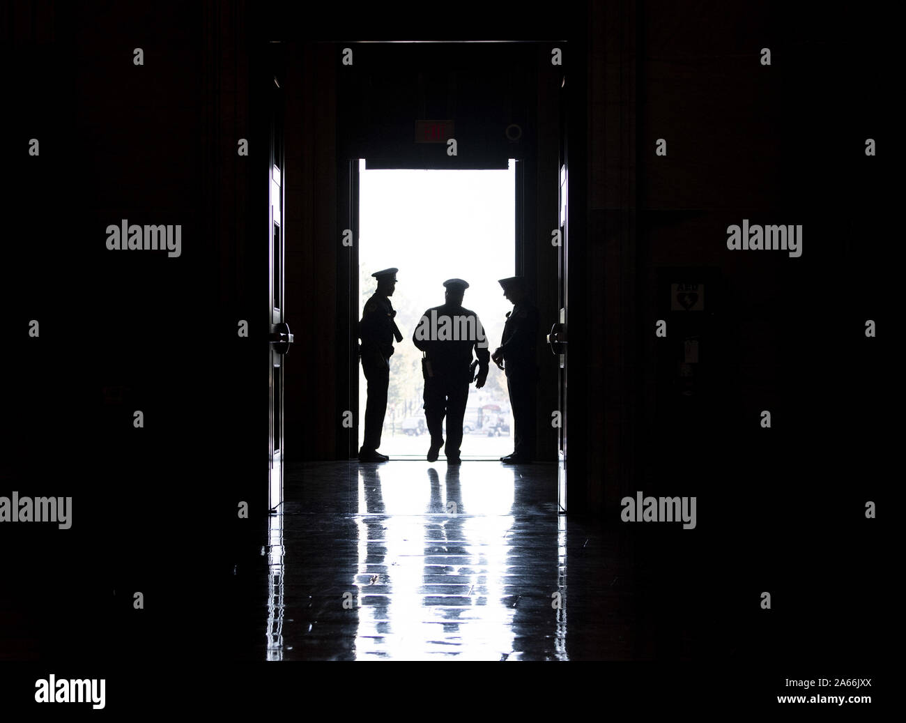 Washington, United States. 24th Oct, 2019. Capitol Hill Police officers wait for the arrival of the casket of the late Rep. Elija Cummings, D-MD, prior to a memorial service at the U.S. Capitol on Thursday, October 24, 2019 in Washington, DC. Cummings will lie in state outside of the House Chambers and will be buried in Baltimore tomorrow following a funeral service. Photo by Kevin Dietsch/UPI Credit: UPI/Alamy Live News Stock Photo