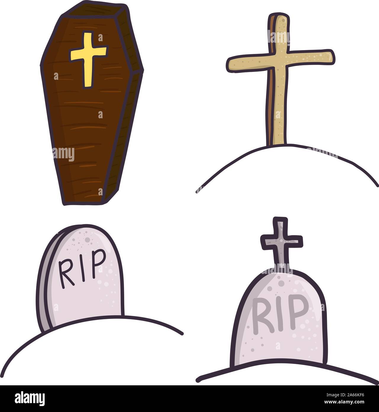 Set of gravestones and coffin. Halloween cartoon vector illustration. Stock Vector