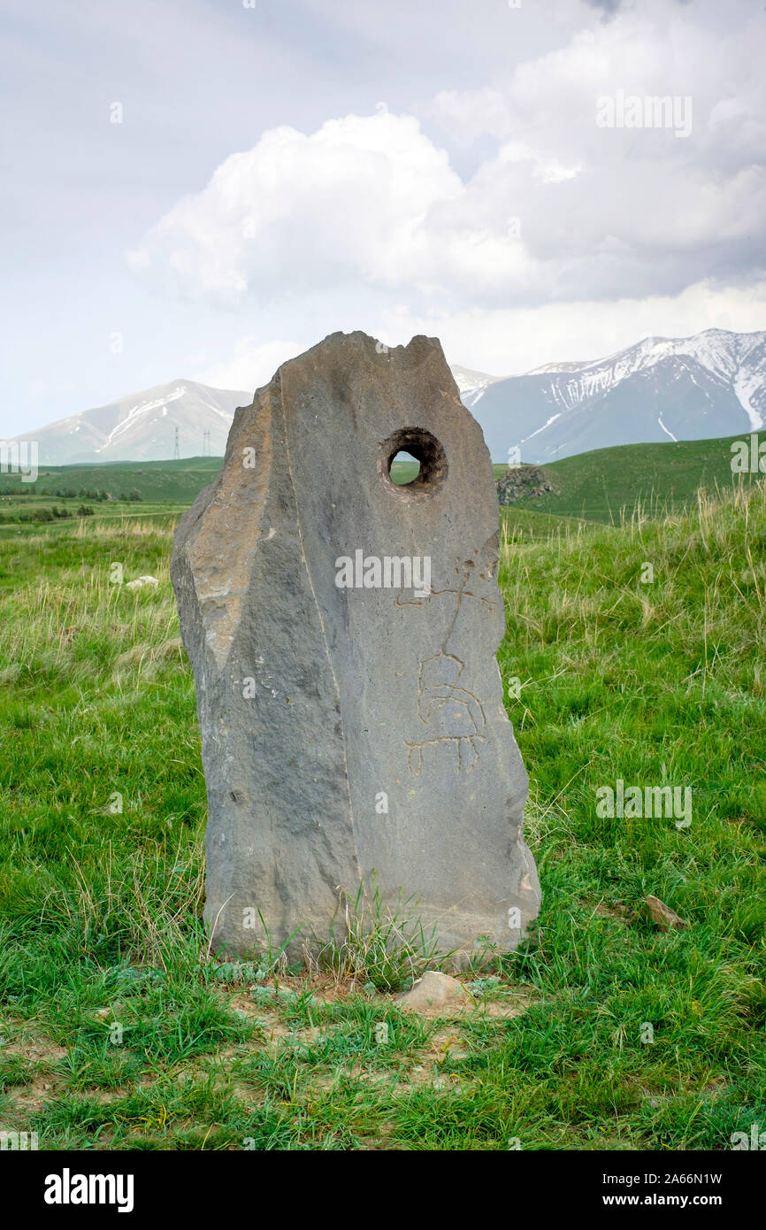 Zorats Karer (Carahunge) standing stones (menhirs), Sisian, Syunik Province, Armenia Stock Photo