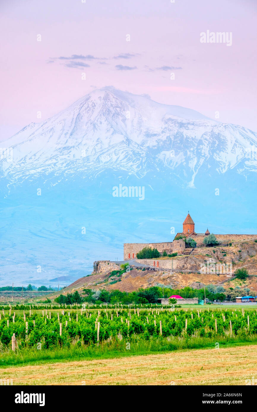 Khor Virap monastery and Mount Ararat at sunrise, near Lusarat, Ararat Province, Armenia. Stock Photo