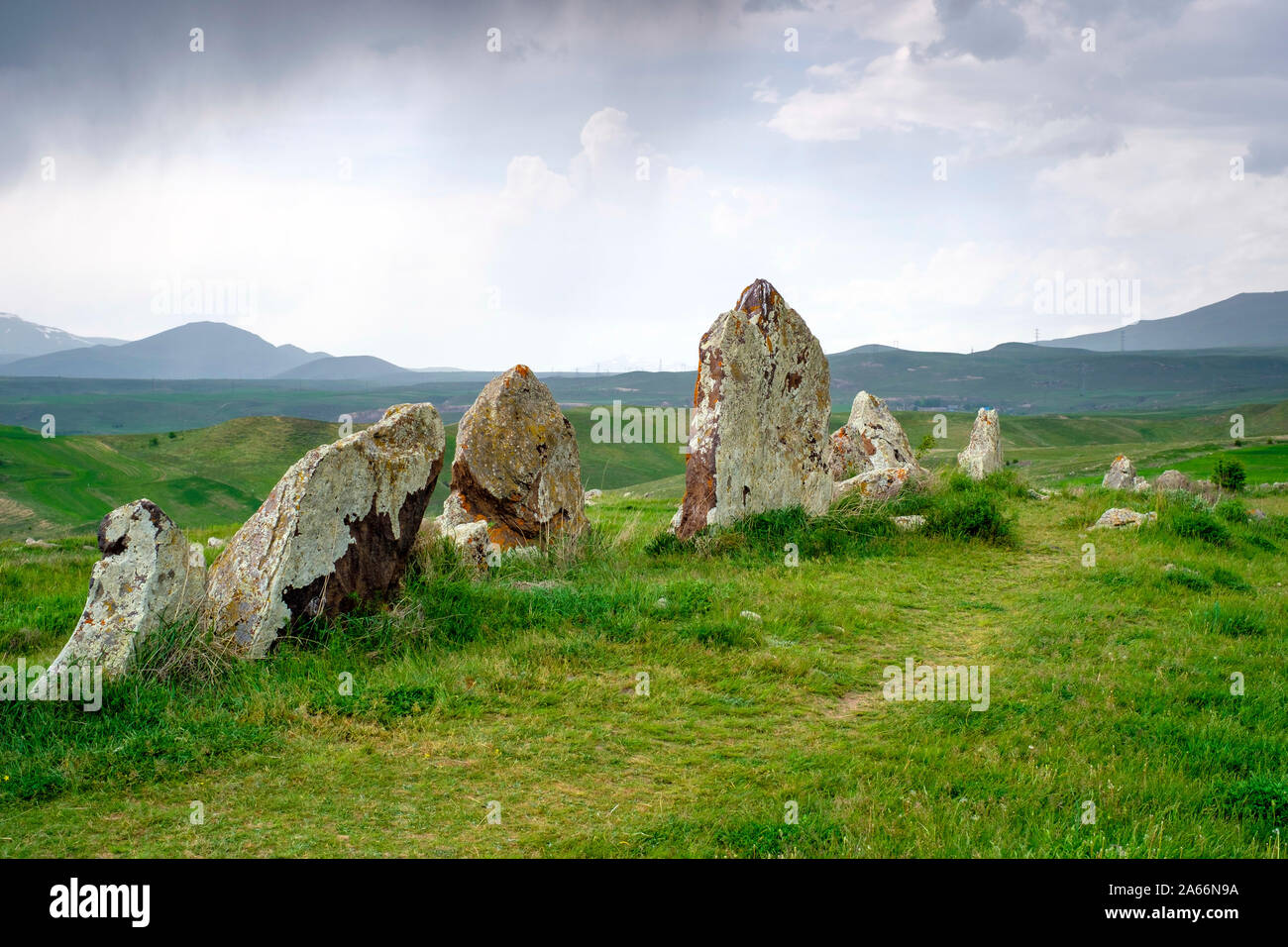 Zorats Karer (Carahunge) standing stones (menhirs), Sisian, Syunik Province, Armenia Stock Photo