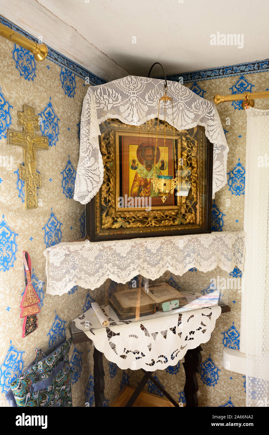 Icons in house of a Russian Old Believer fisherman. This house of Pechonkin, the name of its owner, was probably built in 1863 in the town of Kallaste Stock Photo