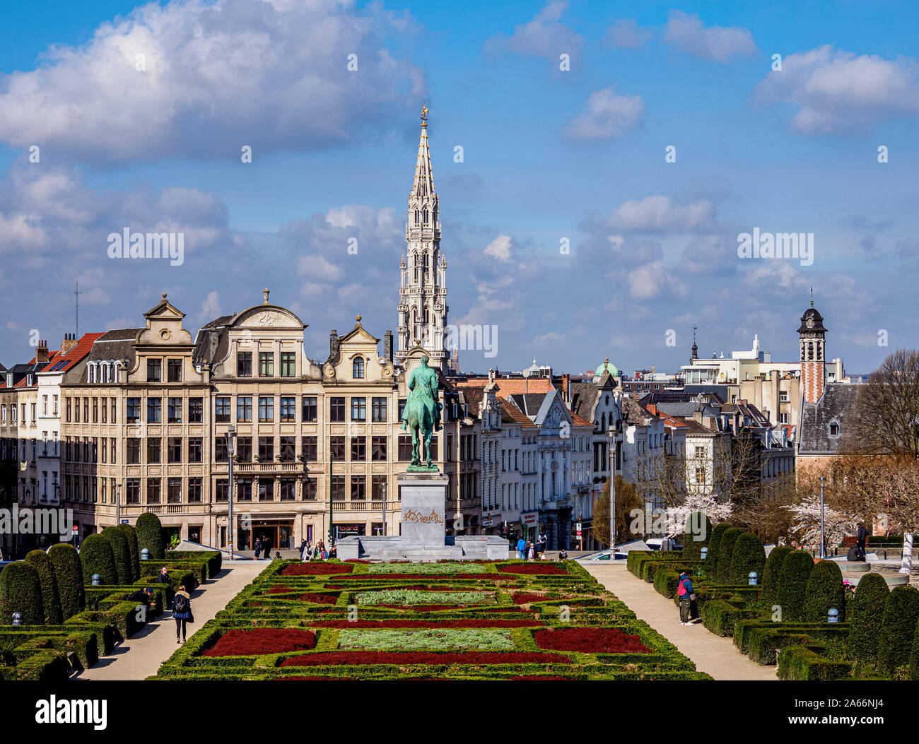 View over Mont des Arts Public Garden towards Town Hall Spire, Brussels, Belgium Stock Photo