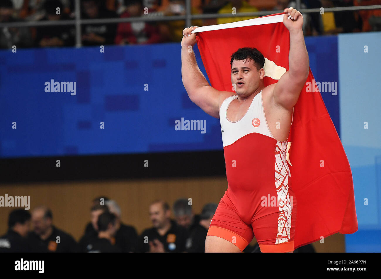 Riza Kayaalp of Turkey celebrates after winning the gold medal in the men's  -130kg category bout at the European Wrestling Championships in Warsaw,  Poland, Saturday, April 24, 2021.(AP Photo/Czarek Sokolowski Stock Photo 