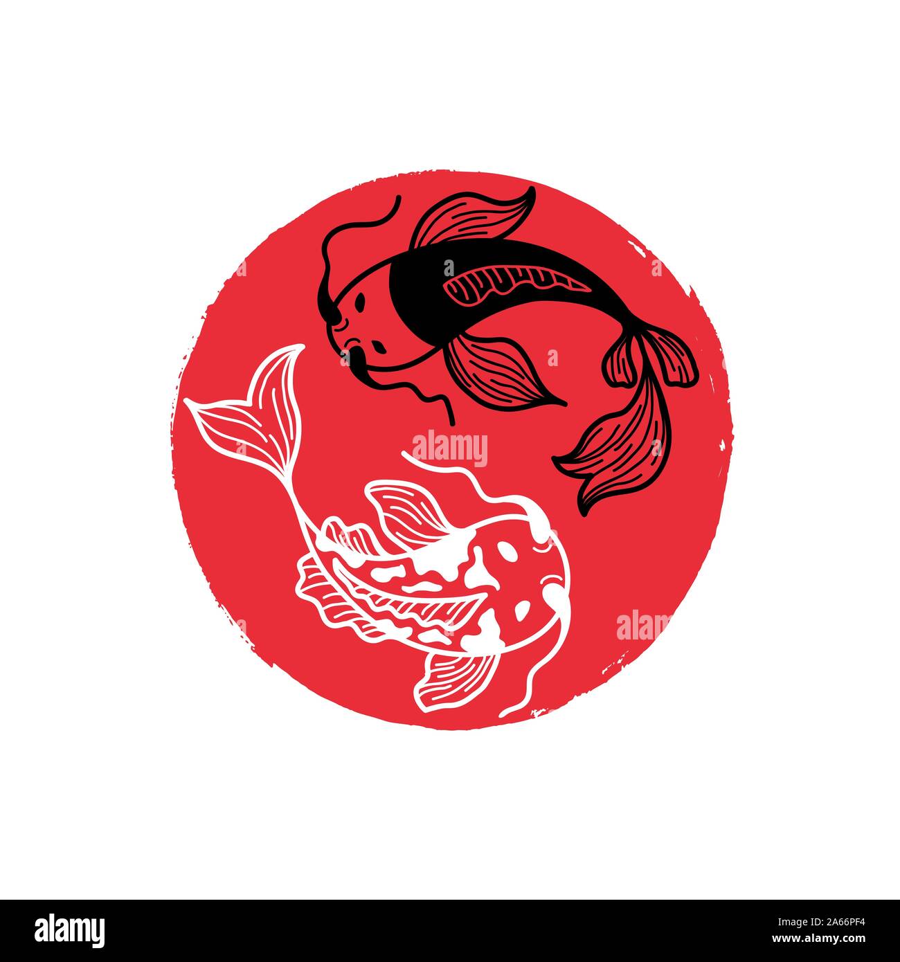 Japanese Carp Koi on the Red Round Brush Spot. Painted Circle Icon. Asian Traditional Symbol with Decorative Fishes. Cover Design for Sushi Restaurant Menu Stock Vector