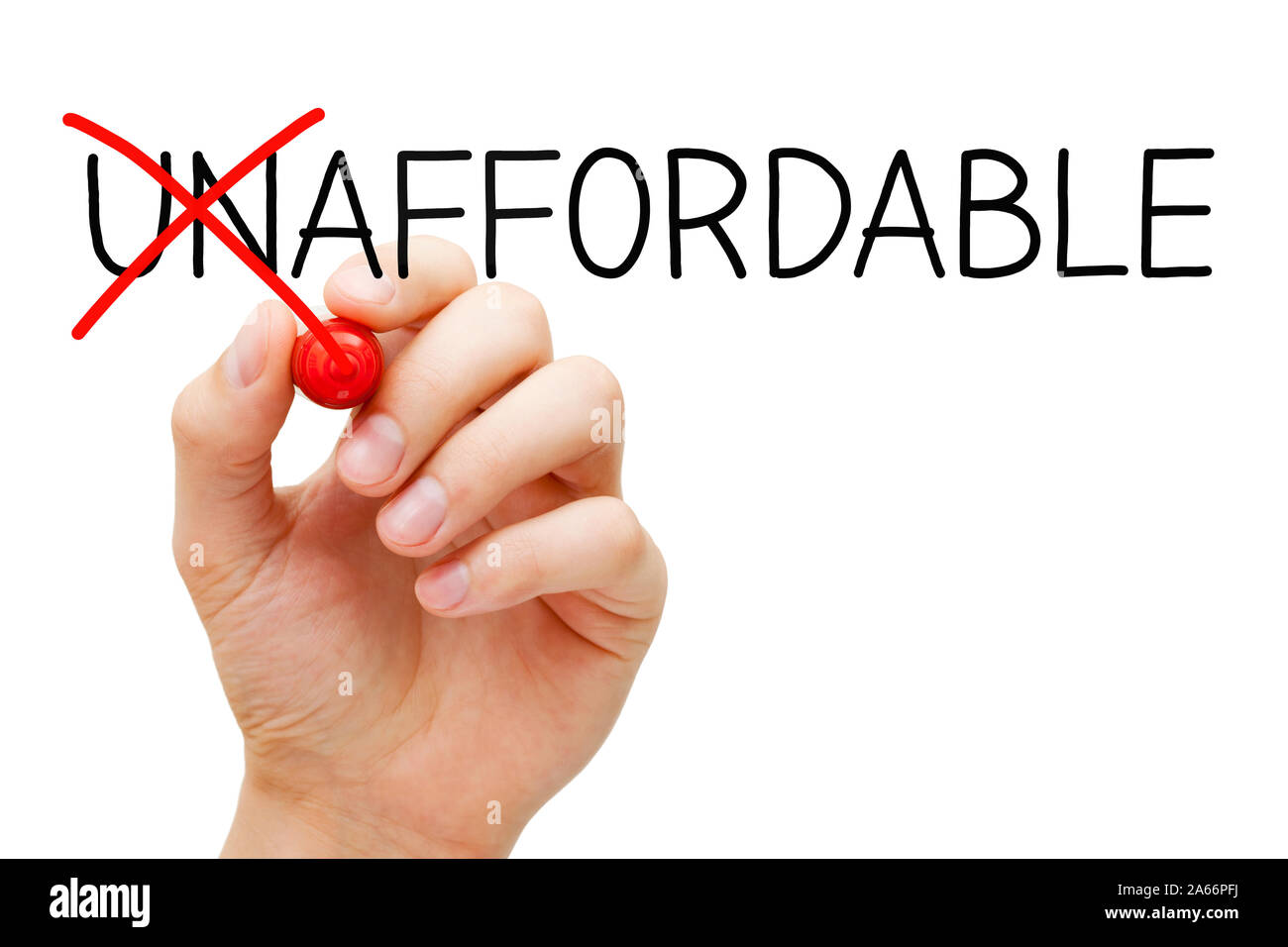 Hand writing a concept changing the word Unaffordable into Affordable with red marker isolated on white background. Stock Photo