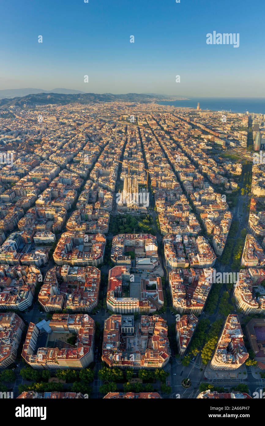 Spain, Catalunya, Barcelona, Aerial view of Eixample district and Sagrada Familia Cathedral