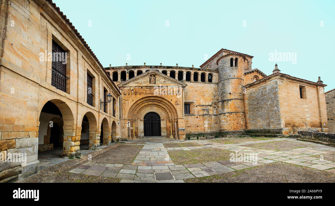 Santillana del Mar Collegiate Church, the Romanesque heart of Santillana del Mar. The church has its origins in a monastery dating from 870. Tradition Stock Photo