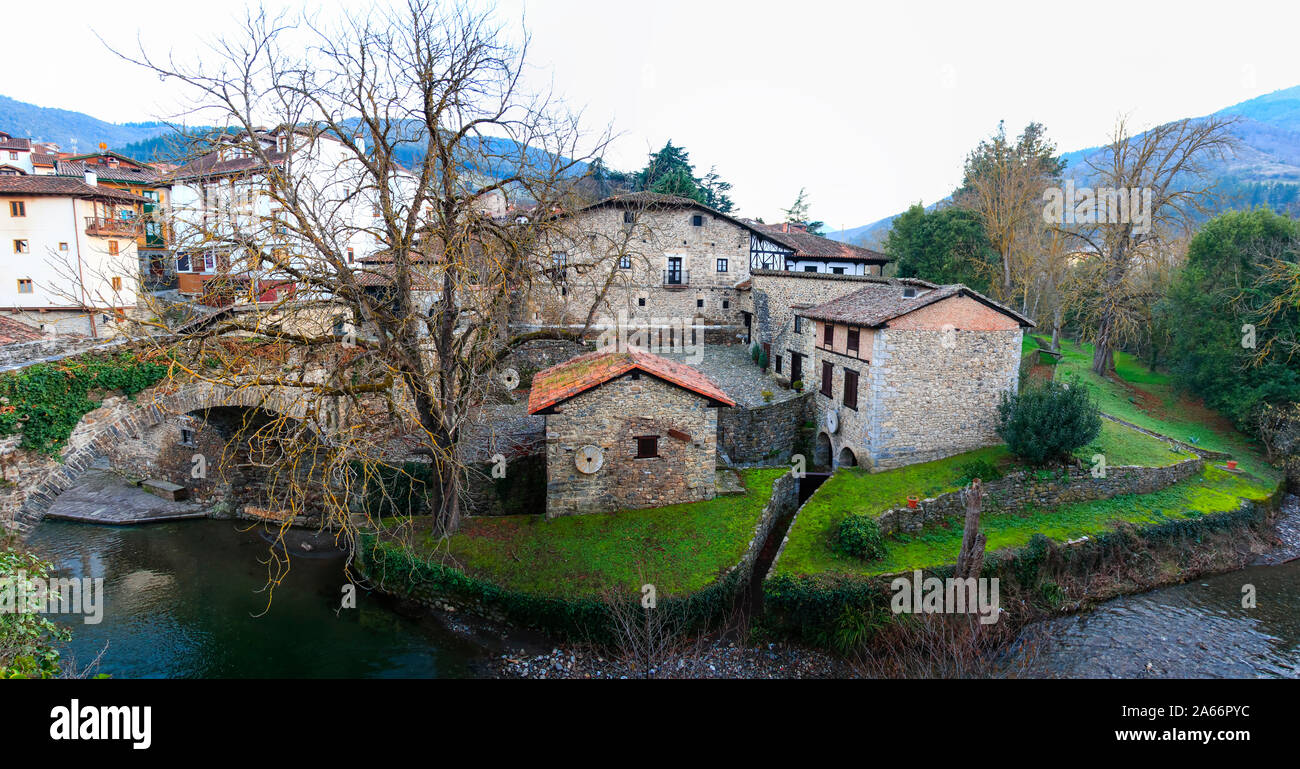Paniramic view of old watermill in Potes, a municipality in the autonomous community of Cantabria in Spain Stock Photo