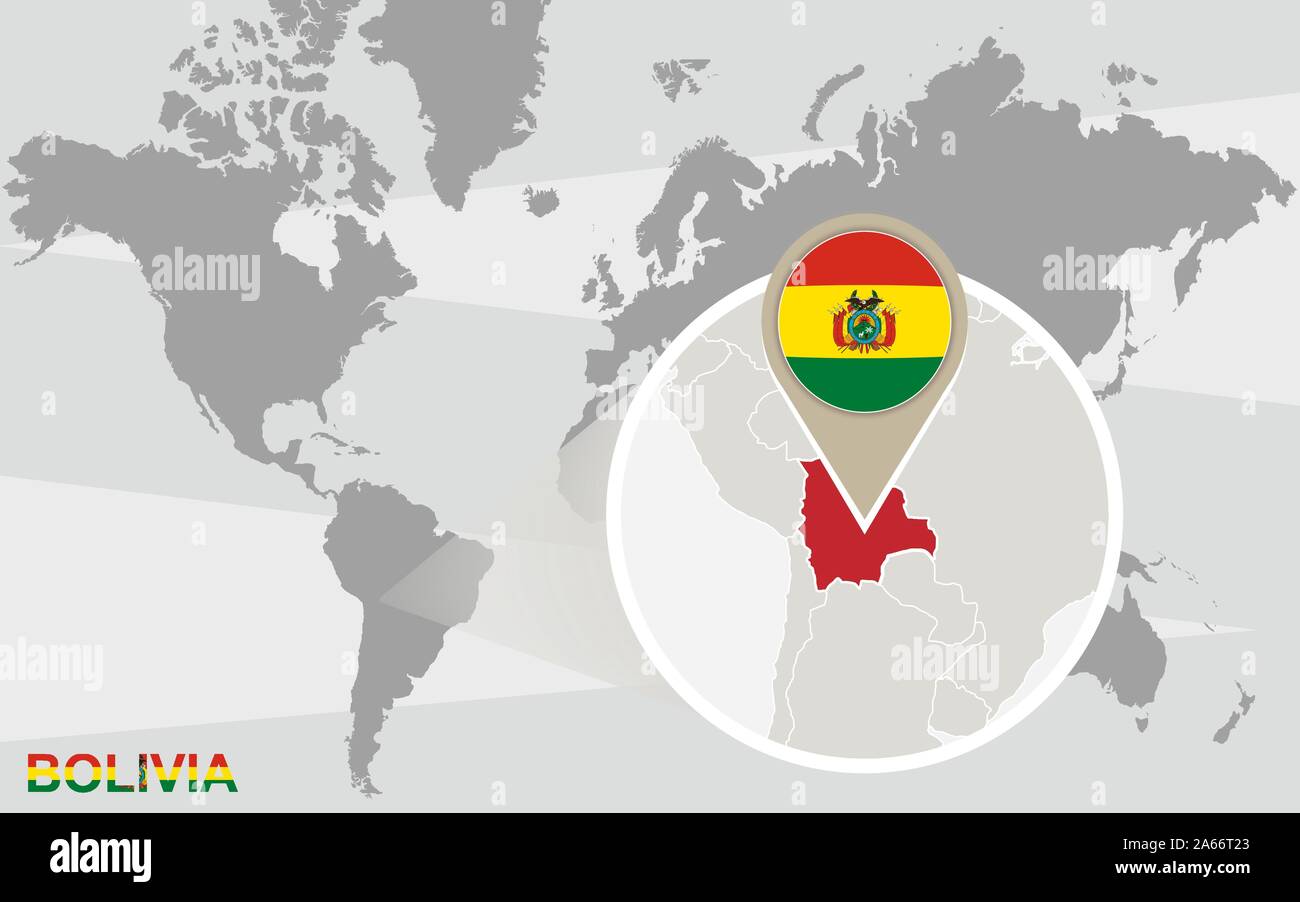 World Map With Magnified Bolivia Bolivia Flag And Map Stock Vector World Map With Magnified Bolivia Bolivia Flag And Map 2A66T23 