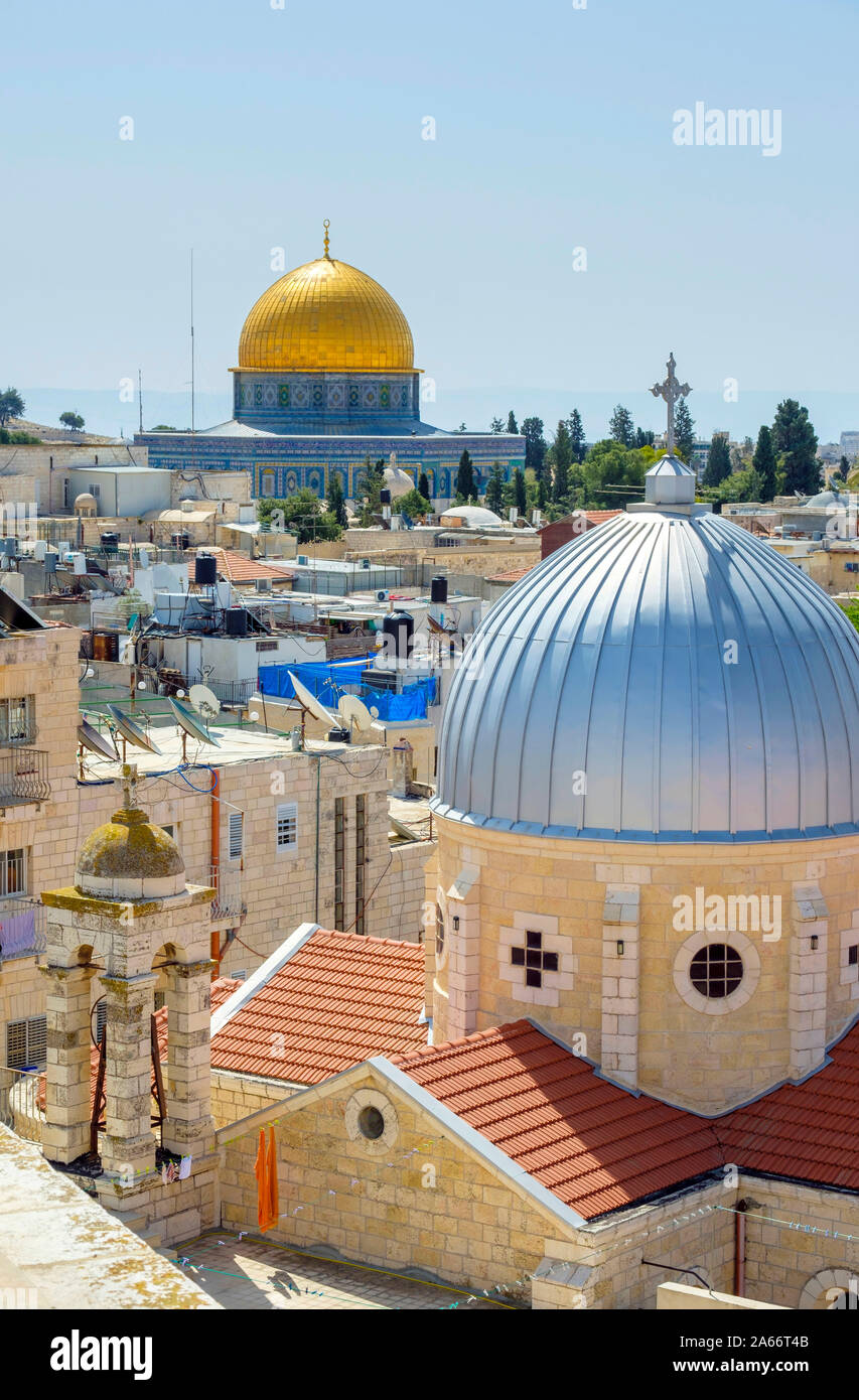 The Dome of the Rock and the Church of St. Mary of Agony in the Old City, Jerusalem, Israel. Stock Photo