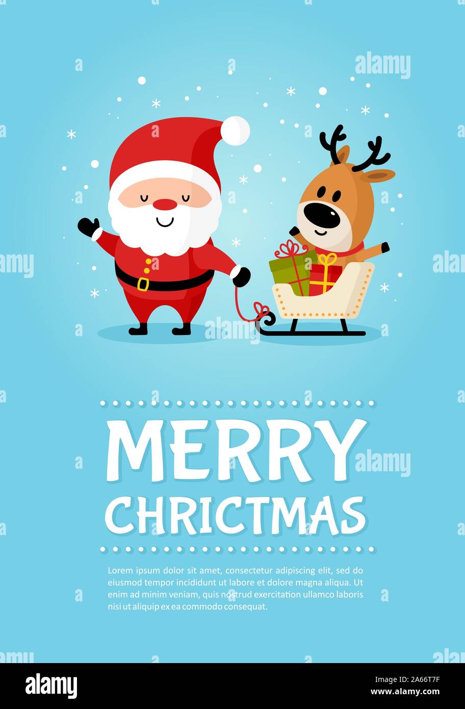 Santa Claus with deer and gifts in sleigh poster. Merry Christmas and ...
