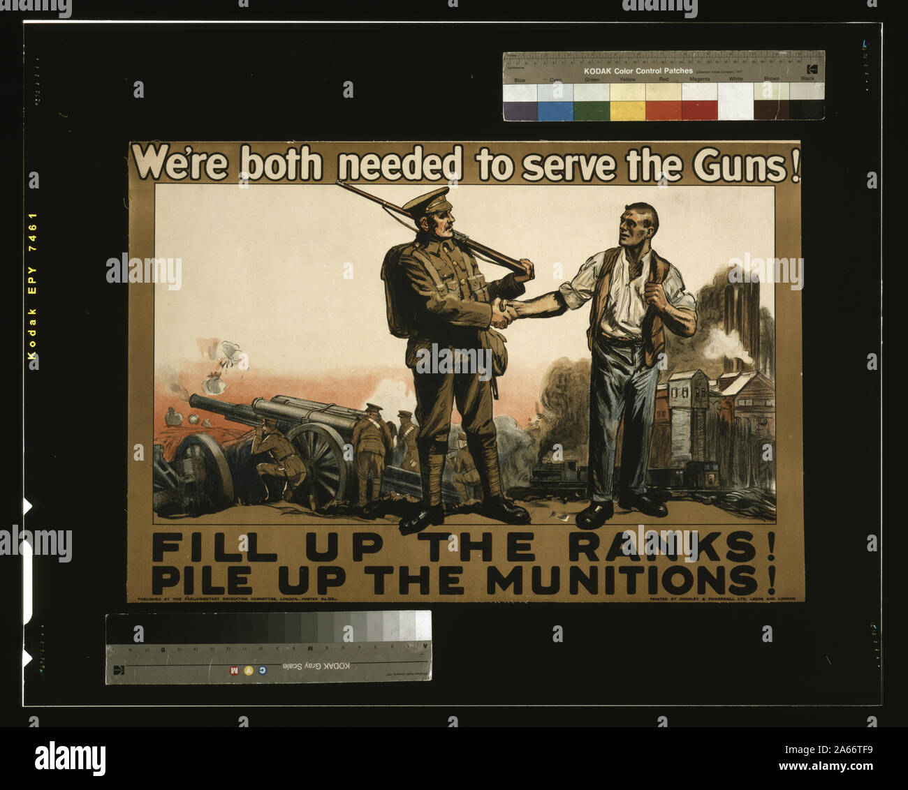 We're both needed to serve the guns! Fill up the ranks! Pile up the munitions! Abstract: Poster showing a soldier, with a battle in the background, shaking hands with a worker, with an industrial landscape in the background. Stock Photo