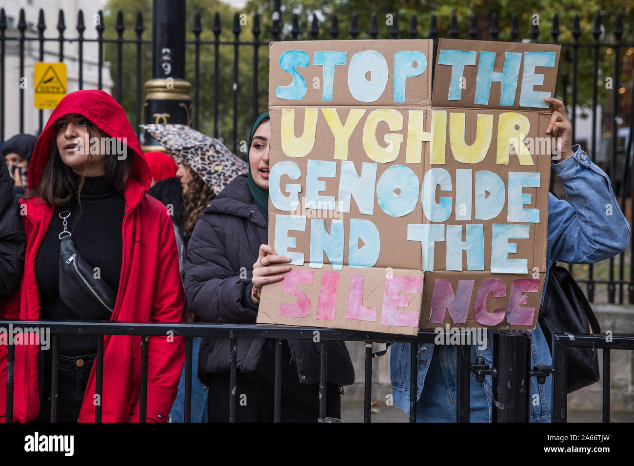 London, UK. 23 October, 2019. A small group of demonstrators stands opposite Downing Street holding signs criticising human rights abuses against the Stock Photo