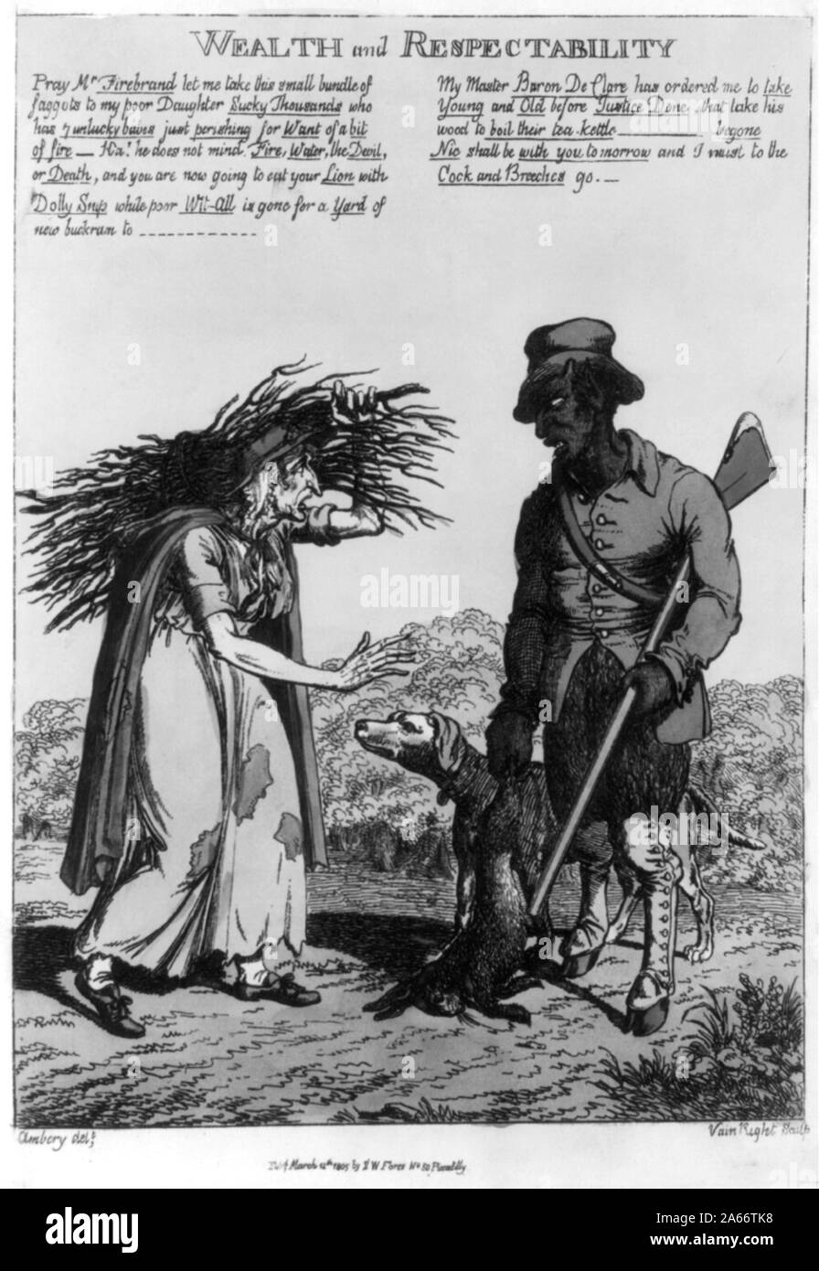 Wealth and respectability Abstract: Negro servant with gun and dogs accosting old woman for poaching a small bundle of twigs. Stock Photo