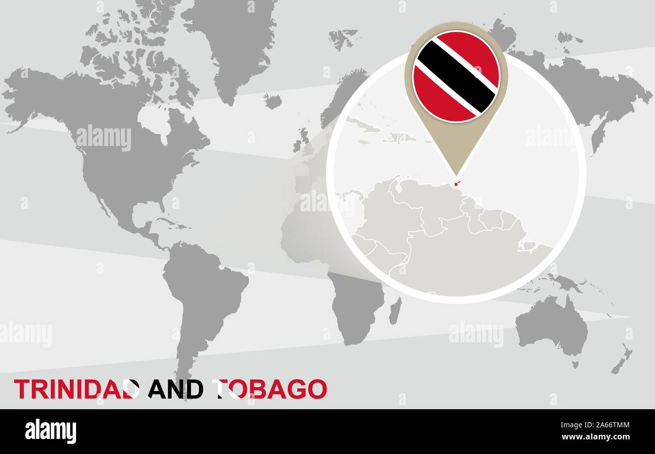 World map with magnified Trinidad and Tobago. Trinidad and Tobago flag