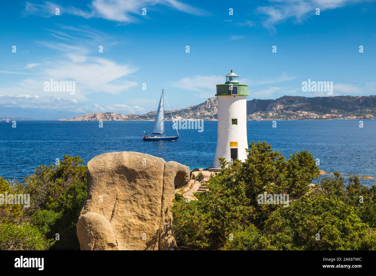 Italy, Sardinia, Sassari Province, Palau, Porto Faro Lighthouse with La Maddalena island in distance Stock Photo