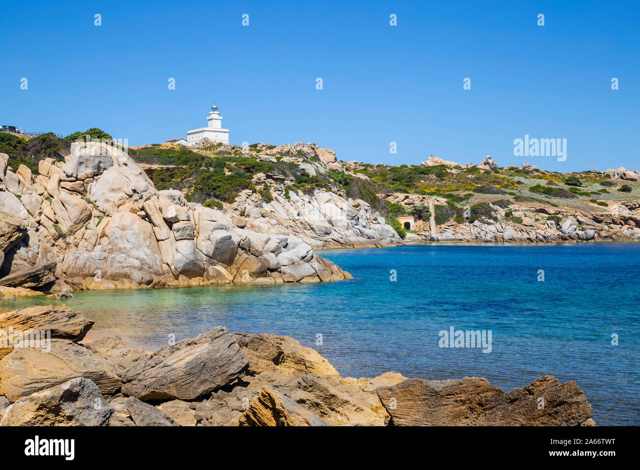 Italy, Sardinia, Santa Teresa Gallura, Capo Testa, Cala Spinosa cove and Lighthouse Stock Photo
