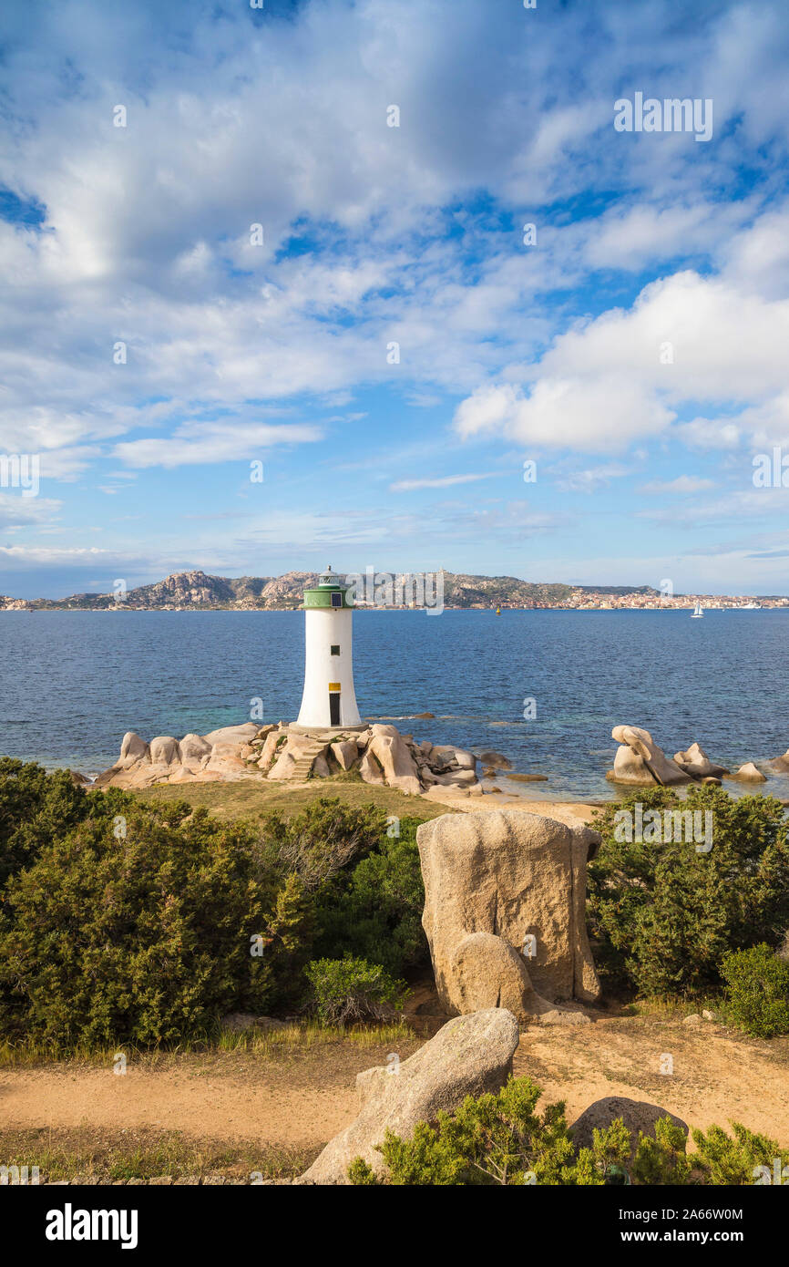 Italy, Sardinia, Sassari Province, Palau, Porto Faro Lighthouse with La Maddalena island in distance Stock Photo