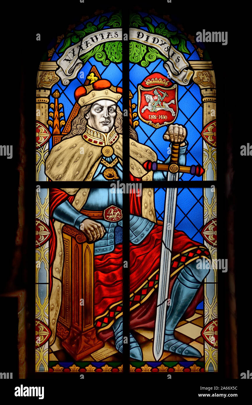 Stained glass representing King Vytautas in the Trakai castle, 1321-1323. A Unesco World Heritage, Lithuania Stock Photo