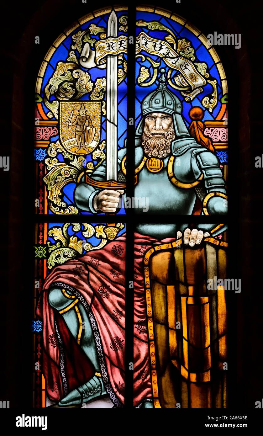 Stained glass representing King Kestutis, the founder of Trakai island castle. 1321-1323. A Unesco World Heritage, Lithuania Stock Photo
