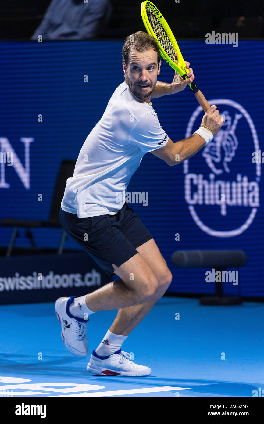 St. Jakobshalle, Basel, Switzerland. 24th Oct, 2019. ATP World Tour Tennis,  Swiss Indoors; Richard Gasquet (FRA) prepares to hit a backhand in the  match against Roberto Bautista-Agut (ESP) - Editorial Use Credit: