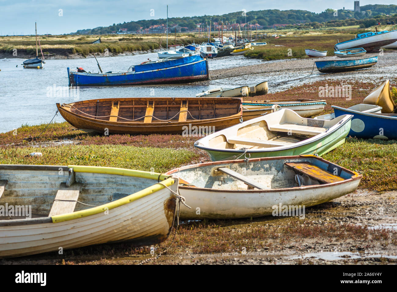 Boats at Morston Quay on North Norfolk coast in East Anglia, England, UK. Stock Photo