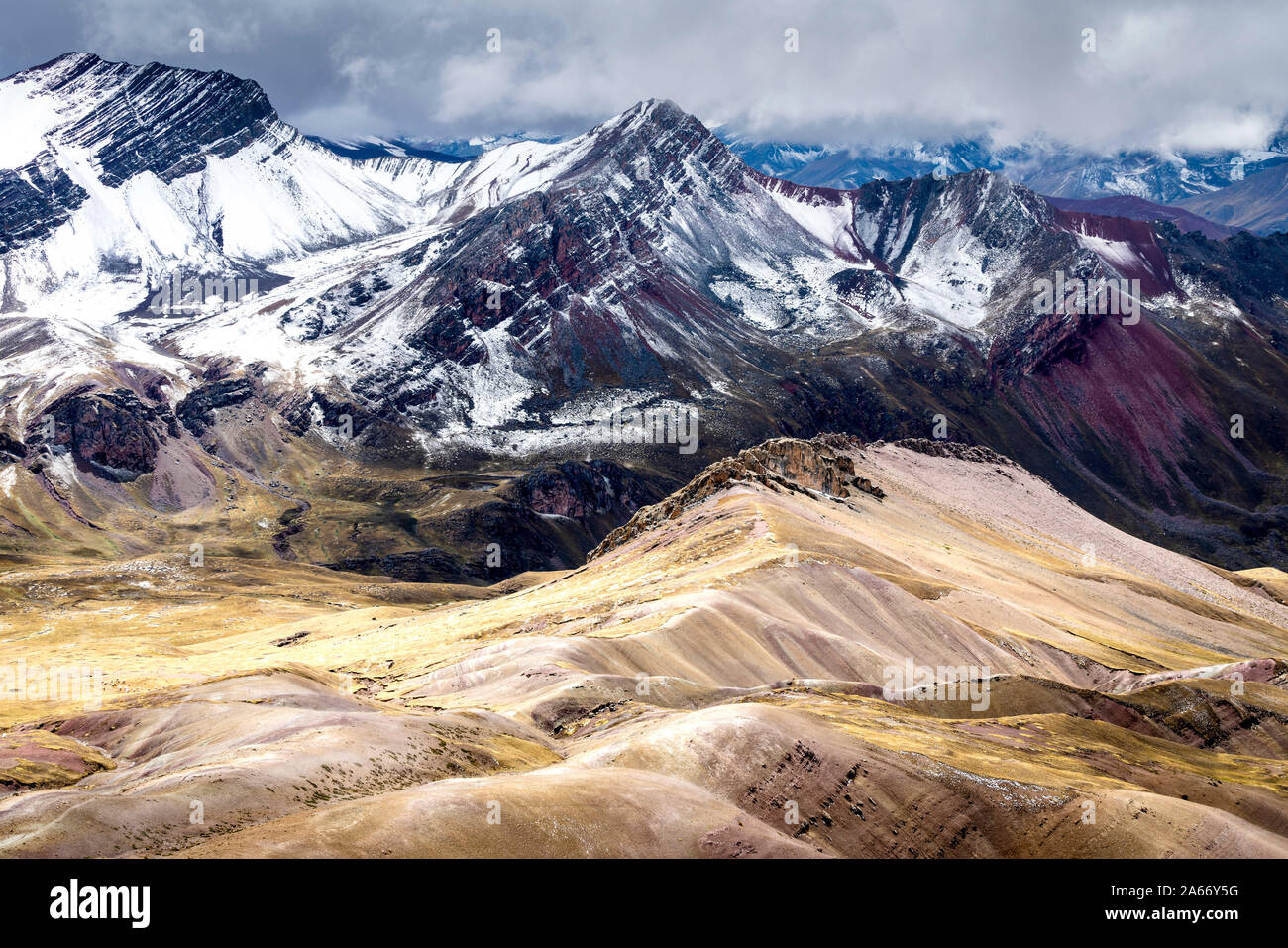 Idyllic view of snowcapped mountains from Rainbow Mountain, Cusco Region, Peru Stock Photo