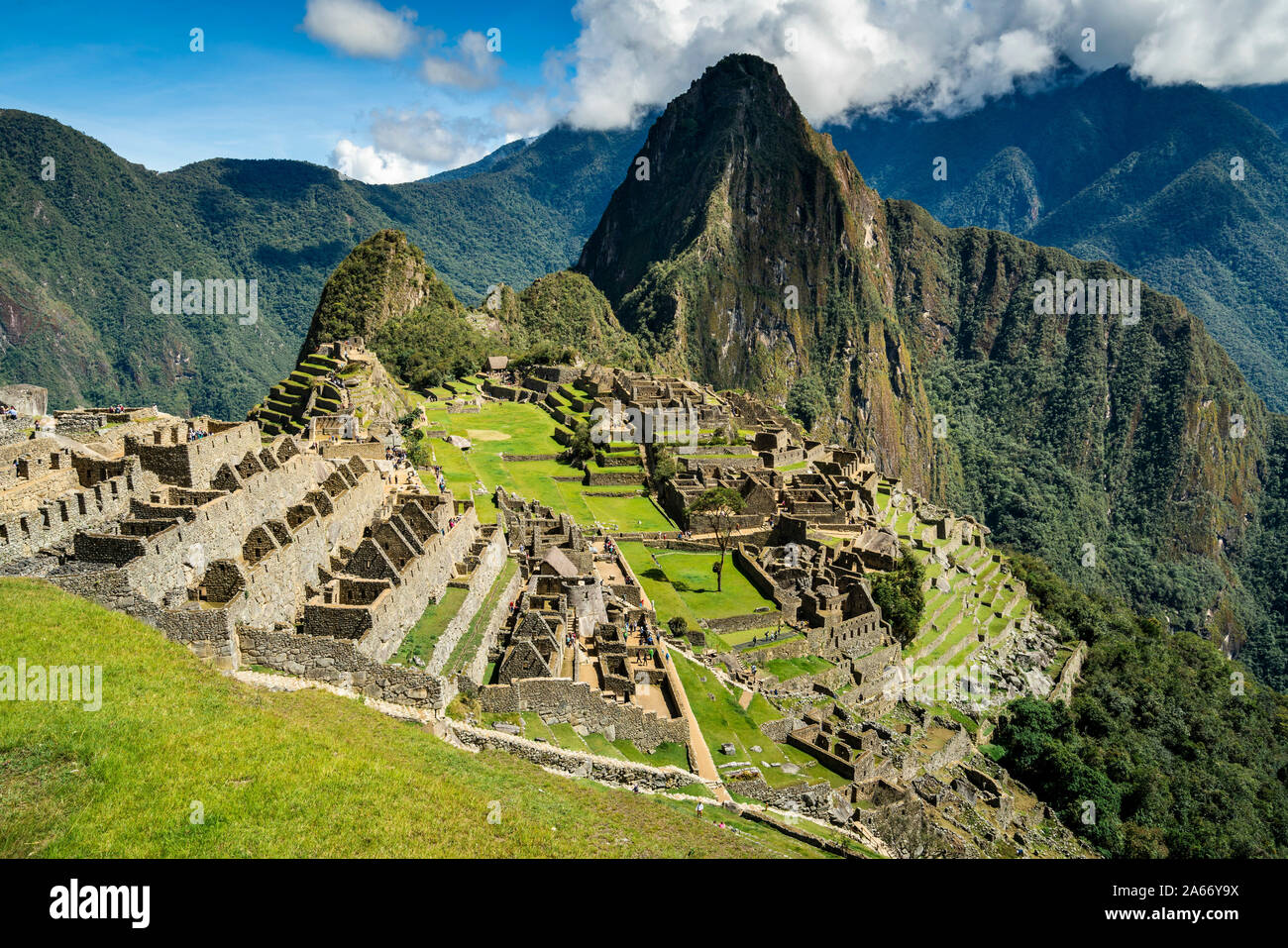 Elevated view of historic Incan Machu Picchu on mountain in Andes, Cuzco Region, Peru Stock Photo