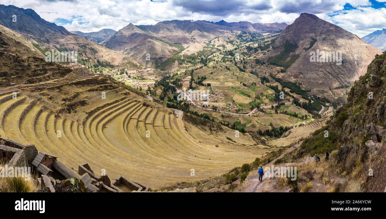 Panoramic view of terraces at Pisaq, Calca Province, Cuzco Region, Peru Stock Photo
