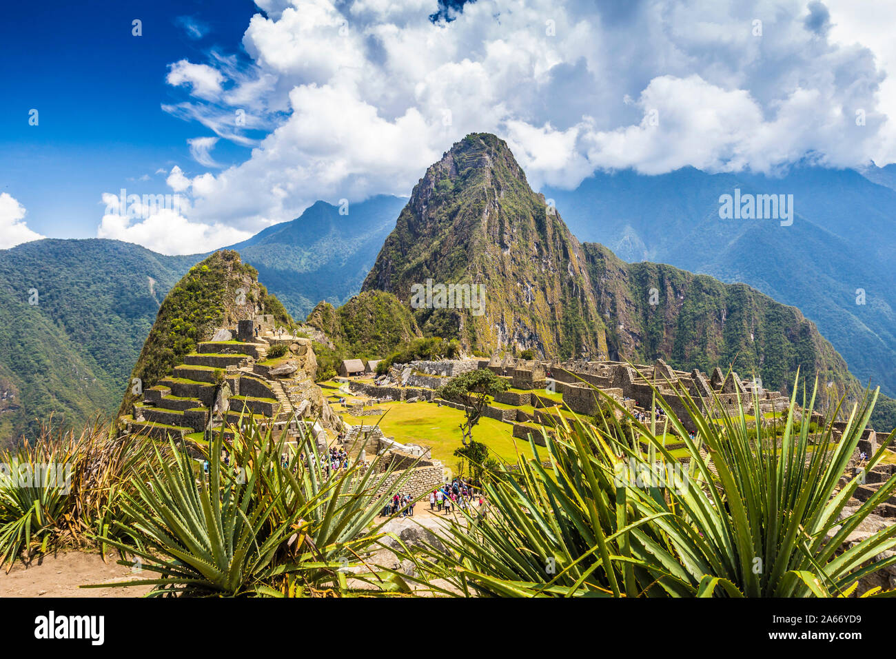 Historic ancient Incan Machu Picchu on mountain in Andes, Cuzco Region, Peru Stock Photo