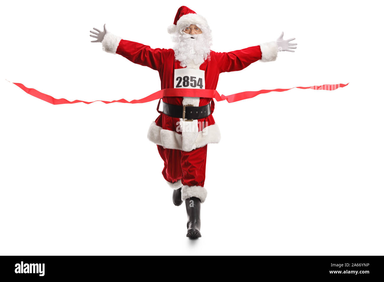 Full length portrait of Santa Claus on the finish line of a race isolated on white background Stock Photo