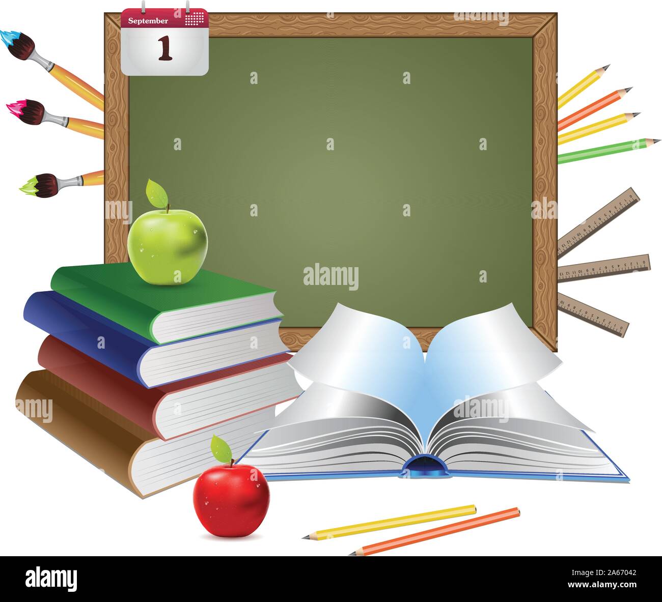 Blank green chalkboard with school supplies, books and apples on white ...