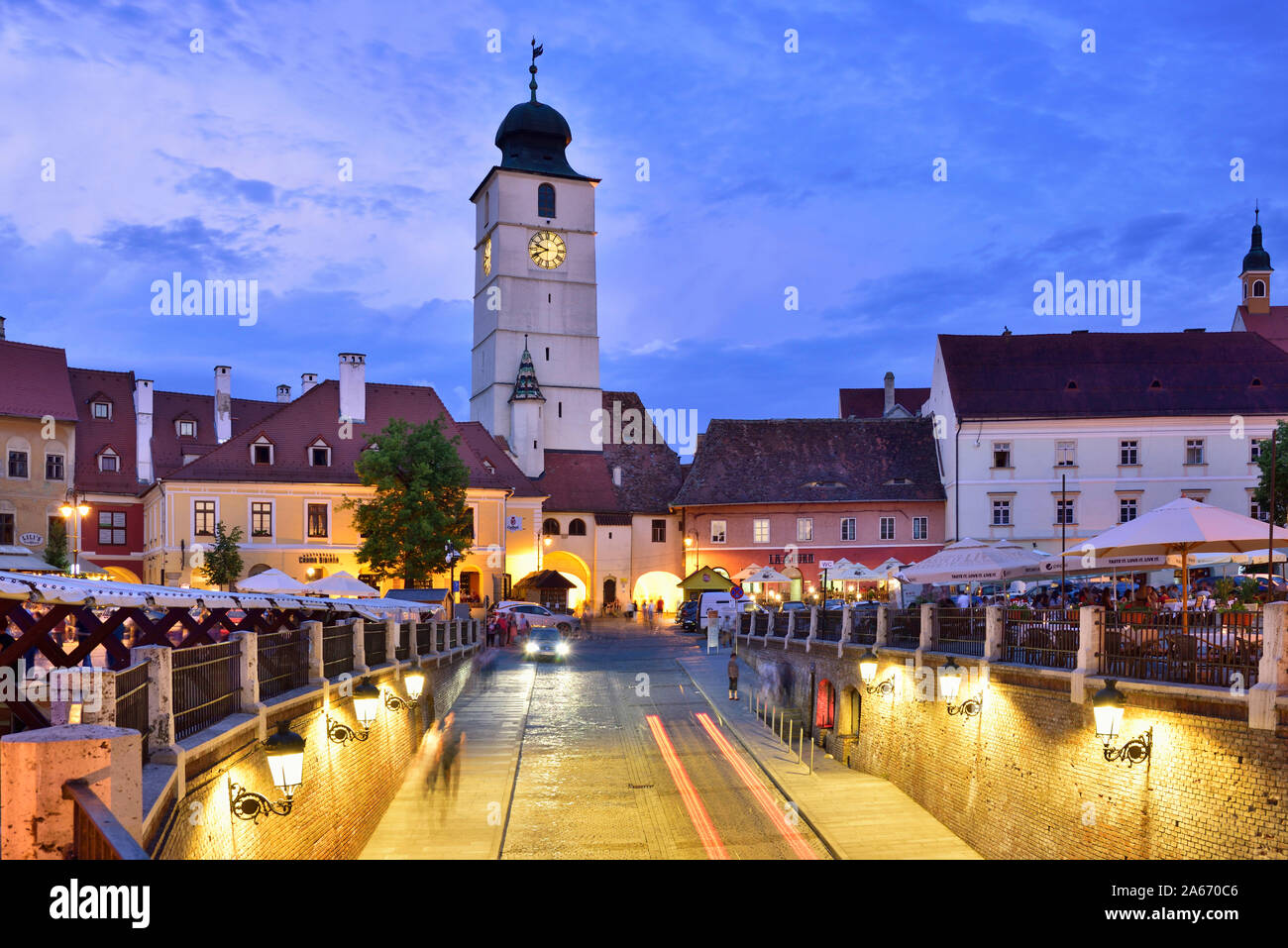 Old Town Hall Tower (Council Tower) and Piata Mica at dusk. Sibiu