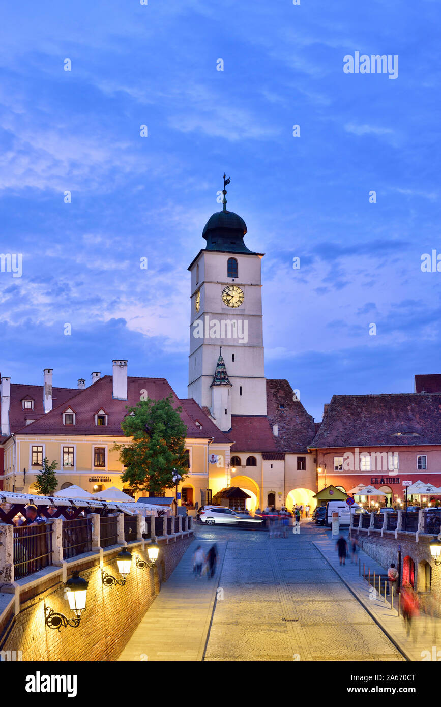 Old Town Hall Tower (Council Tower) and Piata Mica at dusk. Sibiu