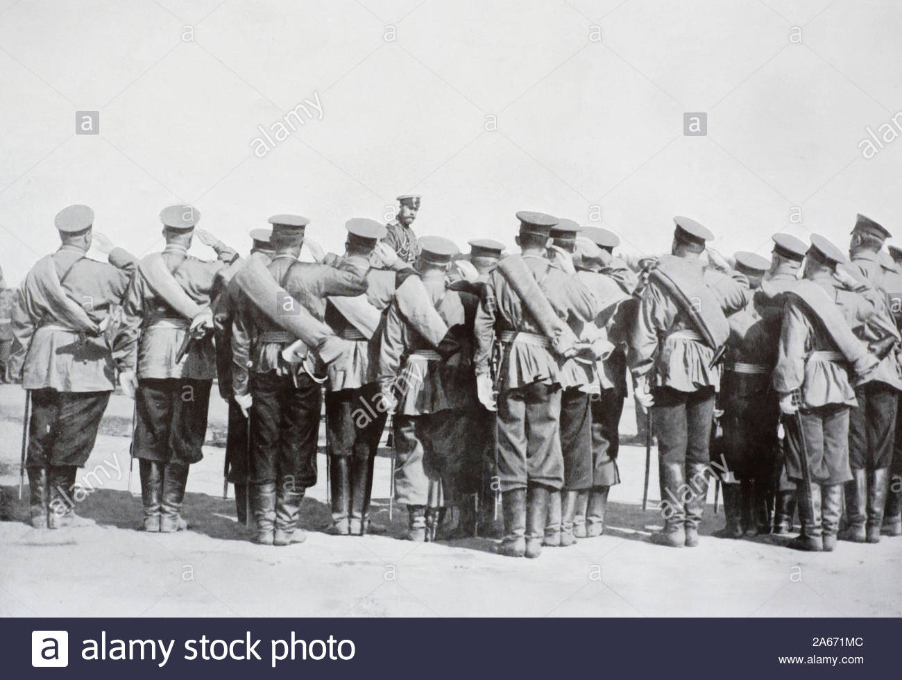 WW1 Russian Infantry soldiers saluting Tsar Nicholas II, Emperor of Russia, vintage photograph from 1914 Stock Photo