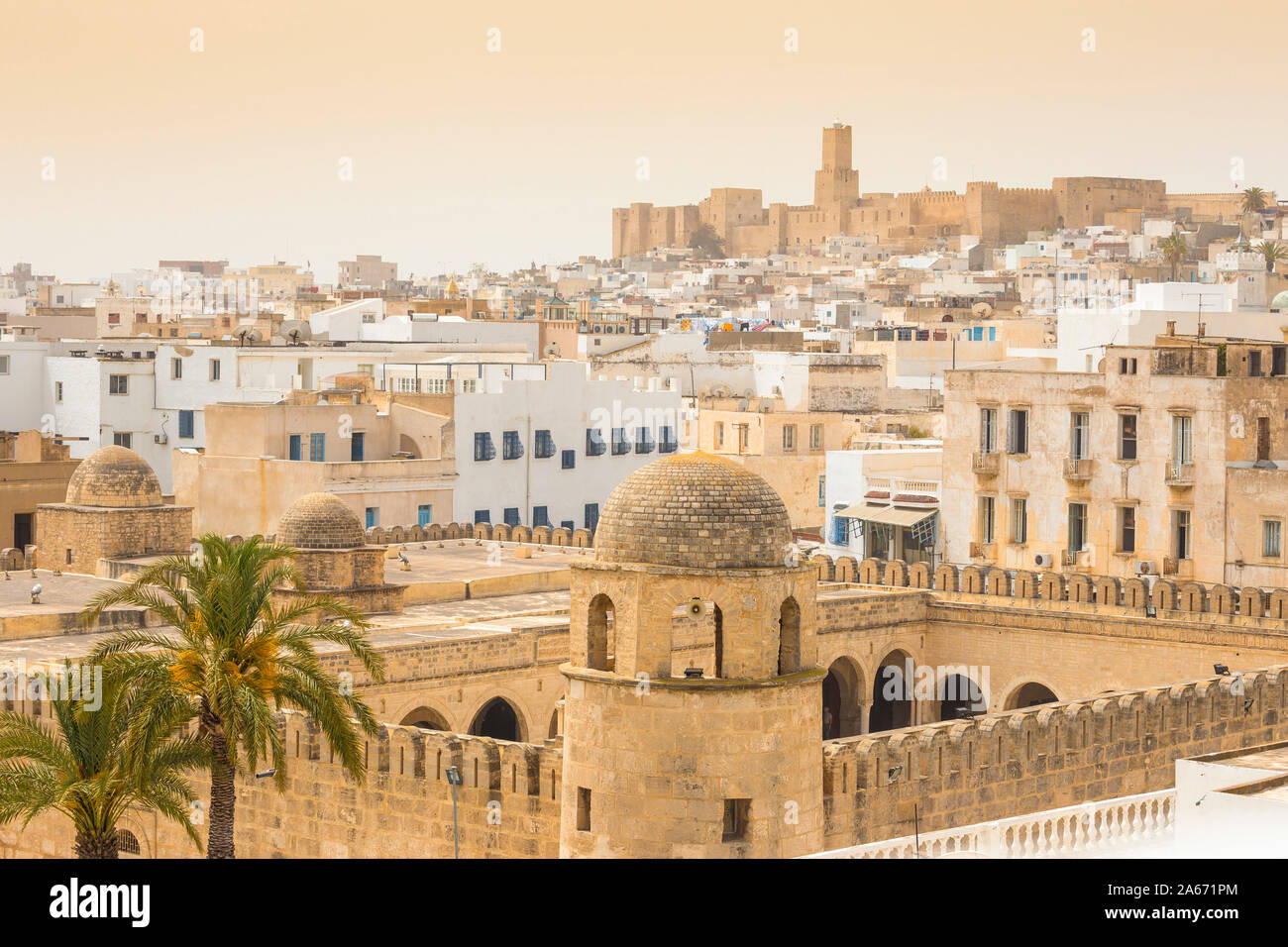 Tunisia, Sousse, View of  Great Mosque across madina towards archaeological museum Stock Photo