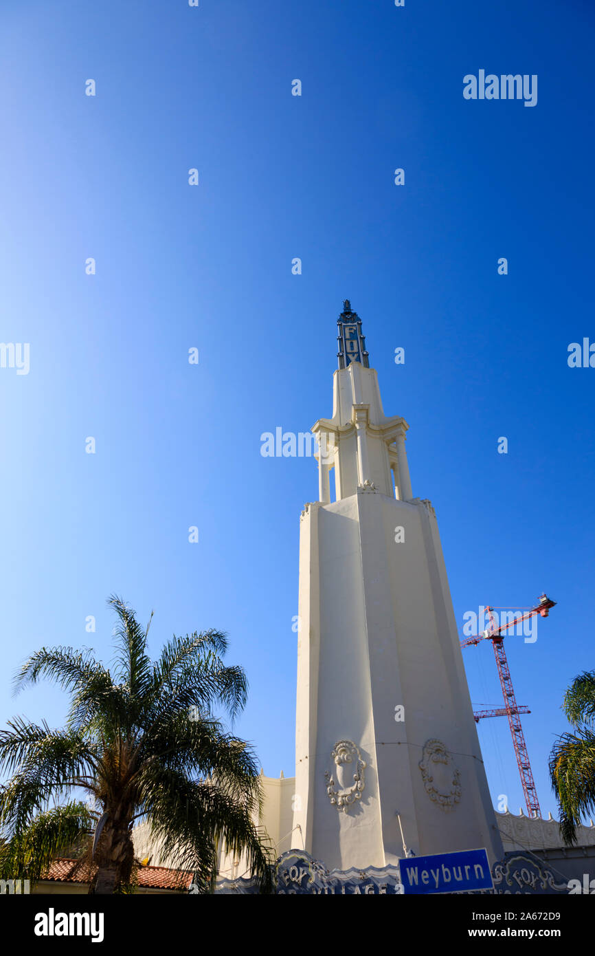 The Art Deco Fox Village theatre tower with”Fox” logo at the top. 961 Broxton Avenue, Westwood, Los Angeles, California, United States of America. Oct Stock Photo